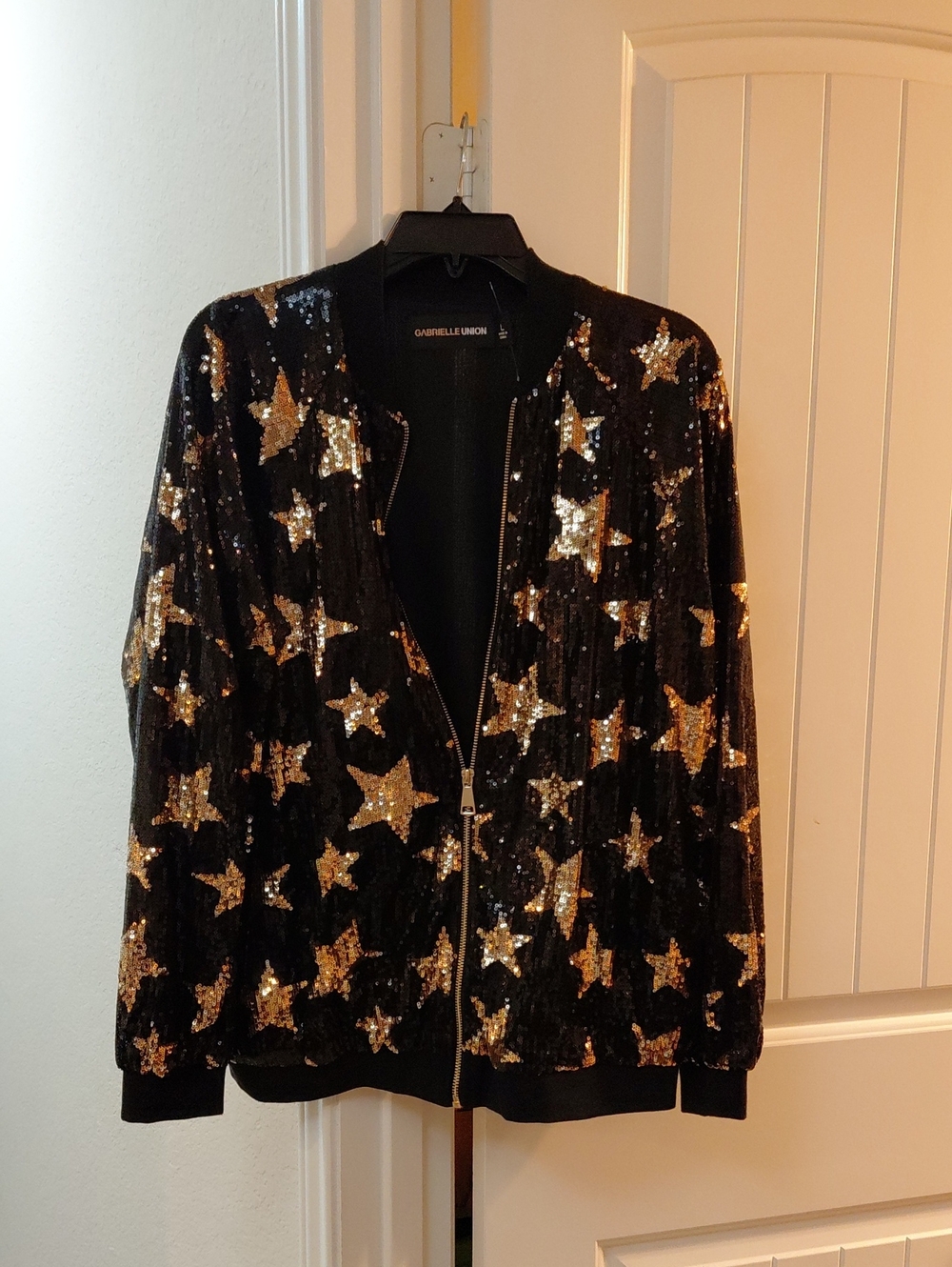 New York & Company Black Bomber Jacket with Gold Sequin Stars